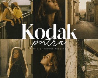 Könnte beinhalten: Eine digitale Collage mit dem Text Kodak portra 10 LIGHTROOM PRESETS. Das Bild zeigt verschiedene sepiafarbene Fotografien einer Person mit langem Haar in unterschiedlichen Posen und Außenumgebungen, darunter eine schmale Straße und Steingebäude.