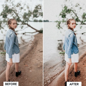 Puede incluir: Una comparaci&oacute;n de pantalla dividida que muestra una edici&oacute;n de foto antes y despu&eacute;s de una persona con una camisa de mezclilla azul claro y una falda blanca, de pie en una orilla arenosa cerca del agua, con las etiquetas Before y After abajo.