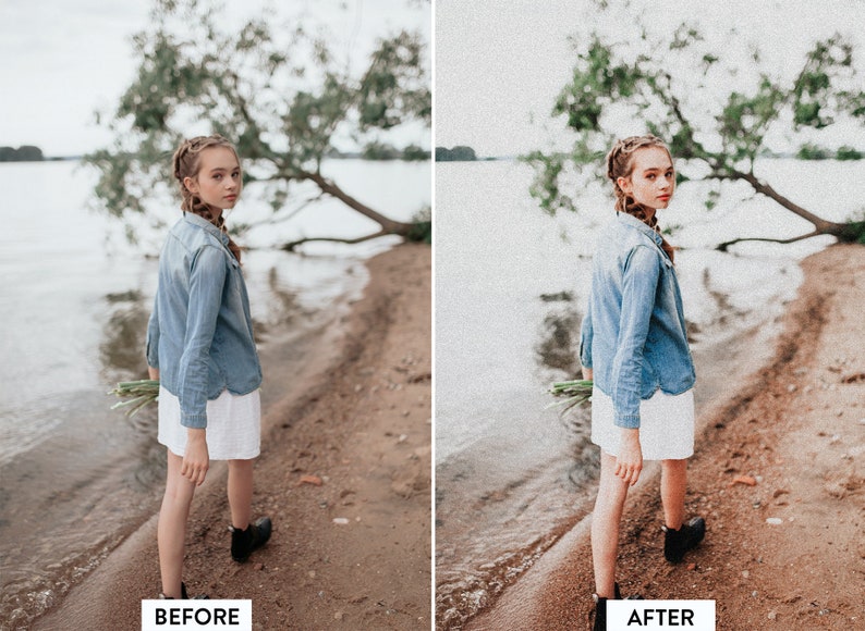 Puede incluir: Una comparaci&oacute;n de pantalla dividida que muestra una edici&oacute;n de foto antes y despu&eacute;s de una persona con una camisa de mezclilla azul claro y una falda blanca, de pie en una orilla arenosa cerca del agua, con las etiquetas Before y After abajo.