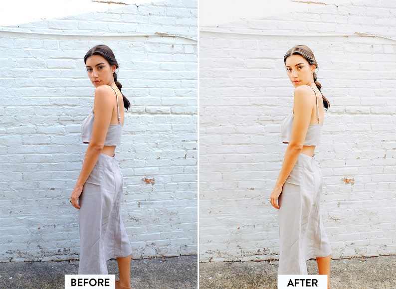 May include: A woman wearing a light grey linen crop top and matching skirt, standing in front of a white brick wall. The outfit is a two-piece set.