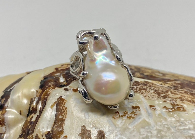 Adjustable FlameBall pearl Ring Handmade jewellery Huge White pearl Baroque pearl Ring 925 Sterling Silver Freshwater Natural pearl ring