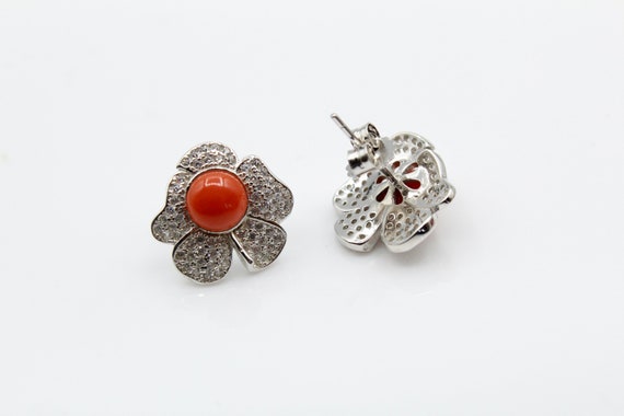 Floral shape Red Coral Earrings Handmade coral Earring not dyed Silver 925 Earring Zircone Earring Mediterranean Coral Earrings