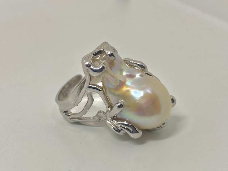 Adjustable FlameBall pearl Ring Handmade jewellery Huge White pearl Baroque pearl Ring 925 Sterling Silver Freshwater Natural pearl ring