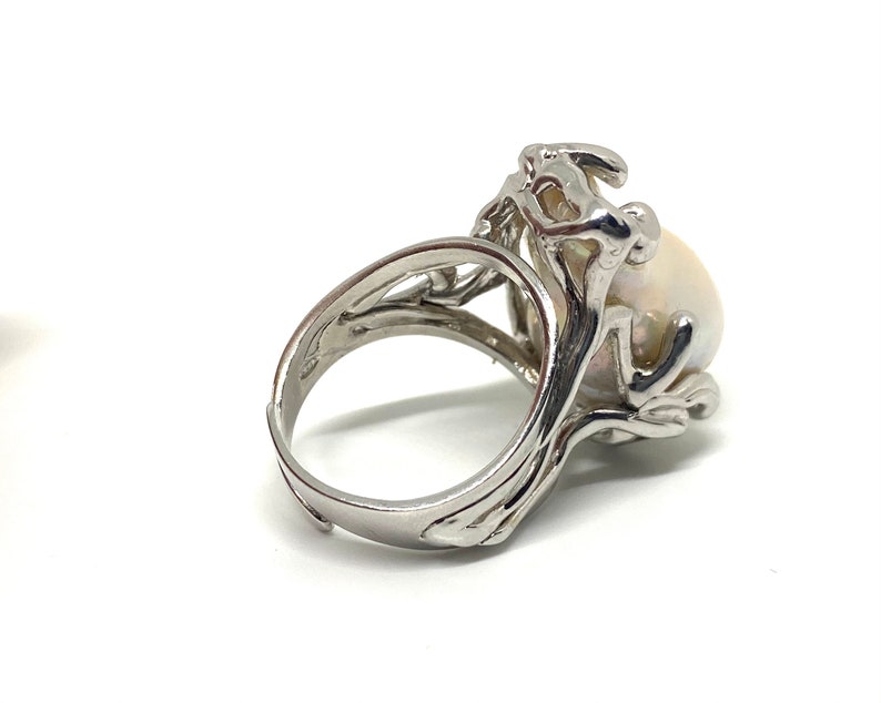 Adjustable FlameBall pearl Ring Handmade jewellery Huge White pearl Baroque pearl Ring 925 Sterling Silver Freshwater Natural pearl ring