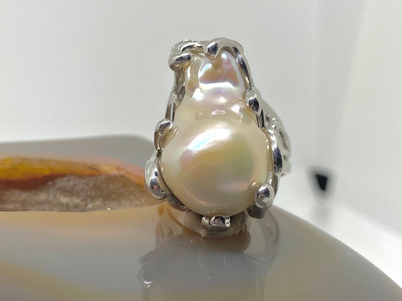 Adjustable FlameBall pearl Ring Handmade jewellery Huge White pearl Baroque pearl Ring 925 Sterling Silver Freshwater Natural pearl ring
