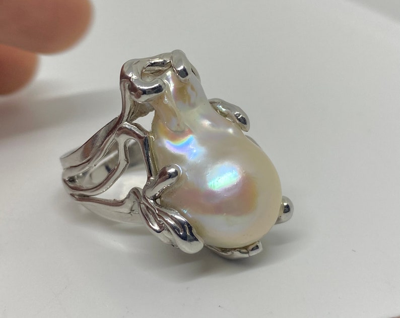 Adjustable FlameBall pearl Ring Handmade jewellery Huge White pearl Baroque pearl Ring 925 Sterling Silver Freshwater Natural pearl ring