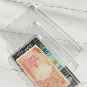 Op de afbeelding: Transparante rits cash-enveloppen. E&eacute;n envelop bevat een biljet, een creditcard en een cadeaukaart. De tekst "Zipper Cash Envelopes" staat bovenaan de afbeelding. De enveloppen hebben drie gaten voor opberging.