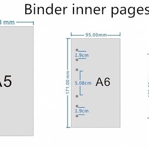 Op de afbeelding: Afbeelding van A5-, A6- en A7-binderbinnenpagina's met afmetingen in millimeters en centimeters. De A5-pagina is 14,2 cm breed en 21 cm hoog. De A6-pagina is 9,5 cm breed en 17,1 cm hoog. De A7-pagina is 8,1 cm breed en 12,5 cm hoog.