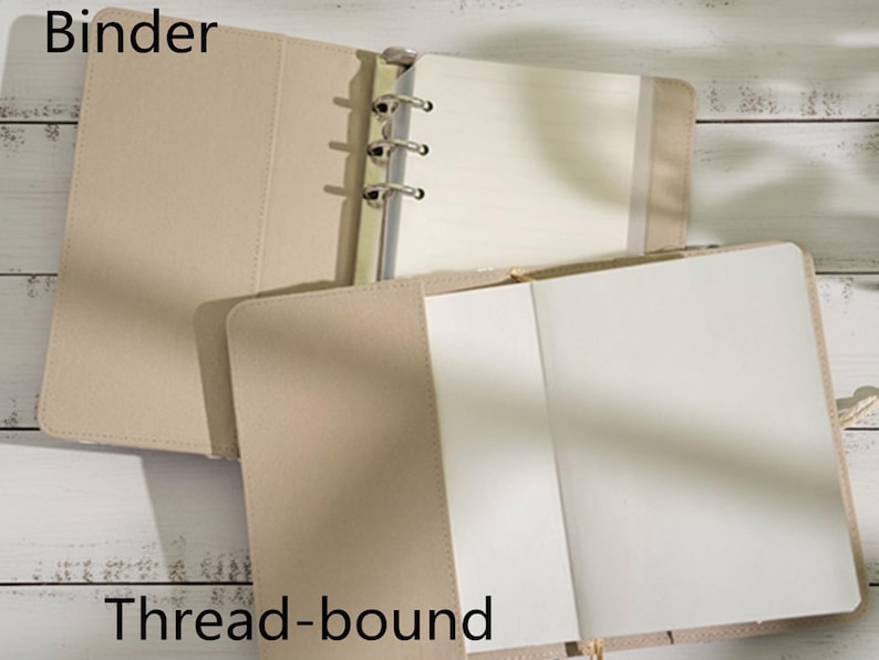 Op de afbeelding: Beige ordner met een zilveren metalen ringmechanisme, open om blanco witte pagina's te onthullen. Het woord "Binder" staat linksboven en "Thread-bound" onderaan. De ordner ligt op een licht houten oppervlak.