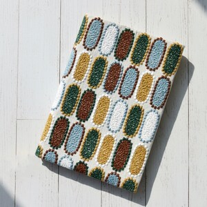 Pode incluir: Um t&ecirc;xtil retangular com um padr&atilde;o repetitivo de formas ovais coloridas. Os ovais s&atilde;o em tons de azul, verde, castanho e amarelo, delineados em branco, sobre um fundo bege claro. O t&ecirc;xtil &eacute; provavelmente um artigo decorativo.