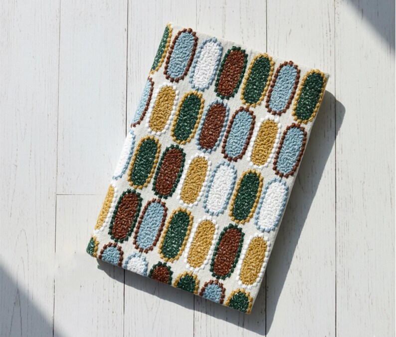 Pode incluir: Um t&ecirc;xtil retangular com um padr&atilde;o repetitivo de formas ovais coloridas. Os ovais s&atilde;o em tons de azul, verde, castanho e amarelo, delineados em branco, sobre um fundo bege claro. O t&ecirc;xtil &eacute; provavelmente um artigo decorativo.