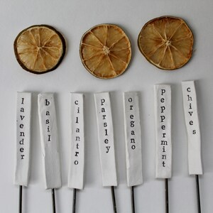May include: Set of 8 white plant markers with black lettering. The markers are labeled: lavender, basil, cilantro, parsley, oregano, peppermint, chives.