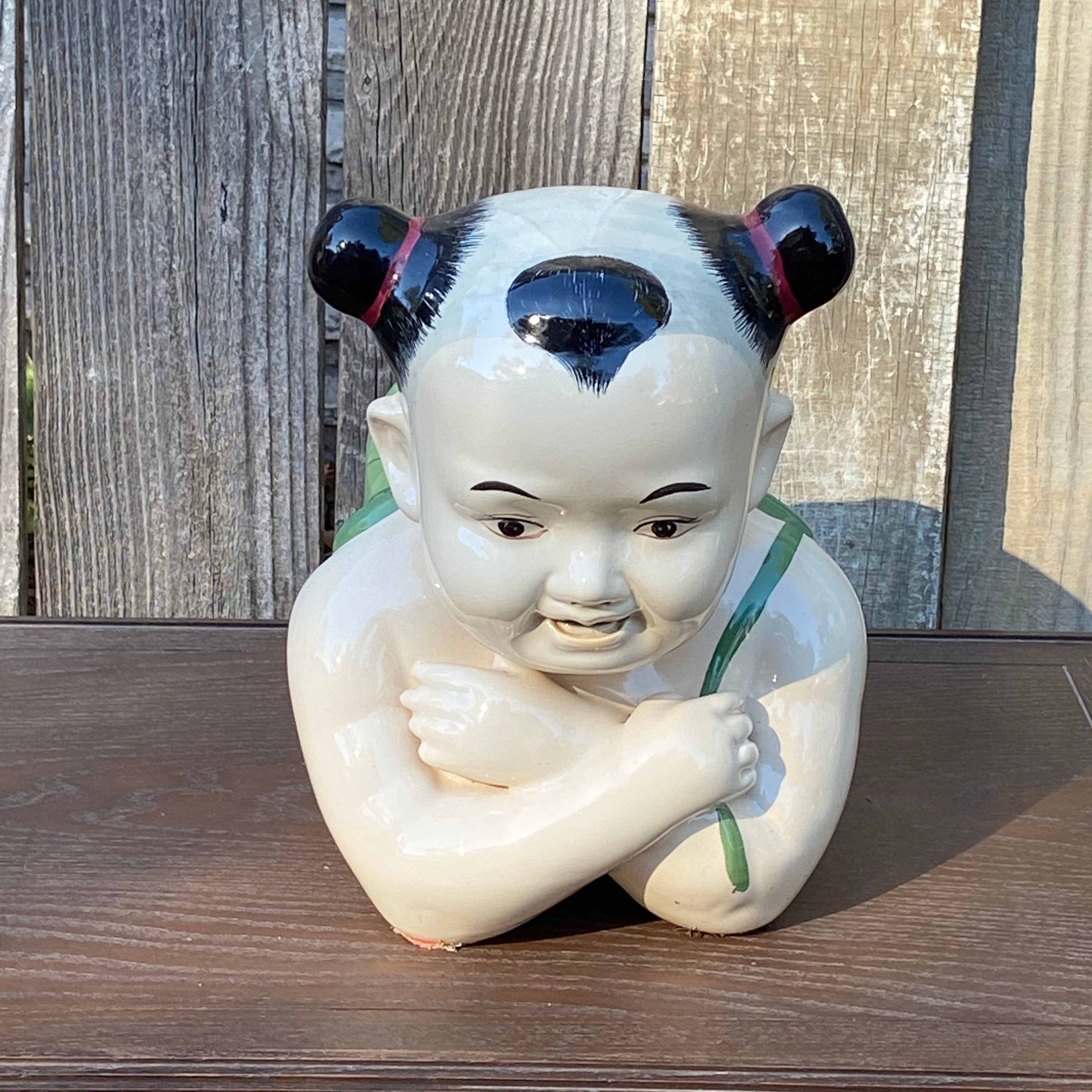 Chinese ceramic pillow statue of baby with lily pad lotus Etsy
