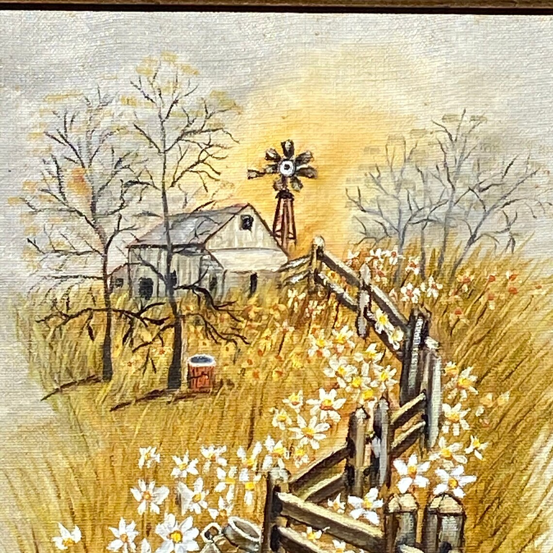 Vintage Oil Painting of Farmhouse Windmill & Daisies Etsy