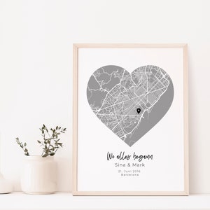 Personalized poster, city, wedding, gift for bride and groom, personalized, wedding anniversary, with name city map heart