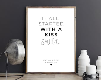 Personalized Poster "It all started with a Kiss Swipe" - Wedding Gift, Anniversary Gift, Gift for Couples with Names
