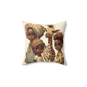 May include: A decorative throw pillow featuring a colorful illustration of three children and a giraffe. The children are wearing colorful clothing and head wraps. The giraffe is brown and white with a long neck.