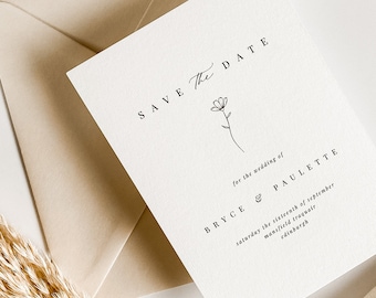 Paulette Save the Date / Minimalist Wedding Stationery / Modern Simple Invitation / Floral Save the Date Cards / Digital or Printed