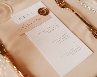 Elegant Melville Calligraphy Menus with Place Cards/ Custom Wedding Event Menu / Beige Nude & Gold Wax Seals / On the Day Stationery