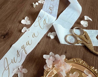 Custom Bouquet Ribbon / Handfasting Ceremony / Painted with Gold Lettering / Wedding Bridal Gift Accessories / Calligraphy Wedding Decor