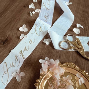 Custom Bouquet Ribbon / Handfasting Ceremony / Painted with Gold Lettering / Wedding Bridal Gift Accessories / Calligraphy Wedding Decor