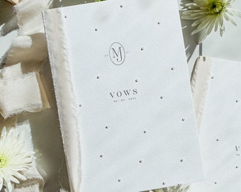 Pearl Detail Personalised Pair Vow Books with Silk Ribbon / Custom Wedding Stationery Folded Booklet with Custom Monogram and Date