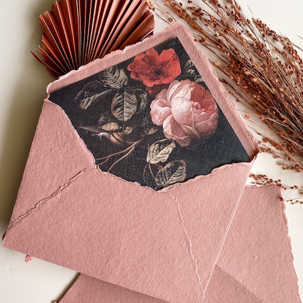 Handmade 5x7 Envelopes with Floral Liners / Rose Pink or Dusty Blush / Wedding Invitation Envelopes with Liners / Fine Art Envelope