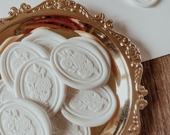 White Oval Floral Wax Seals / Wedding Invitation Embellishment / Vintage White Sealing Wax / Peel and Seal Wax Stickers