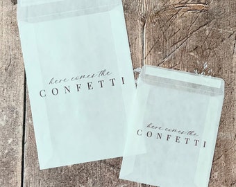 Here Comes the Confetti / Eco Friendly Biodegradable Empty Confetti Wedding Favour Bags / Mini Glassine Vellum Bags