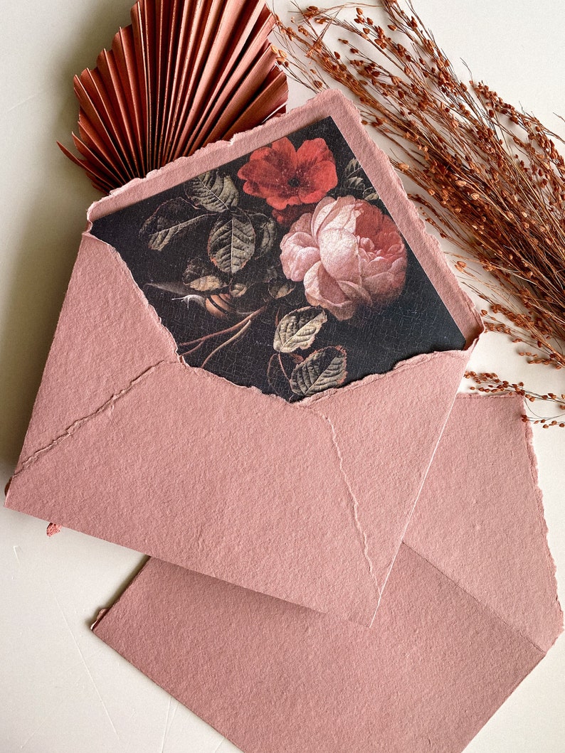 Dusty blush pink handmade cotton envelope with a fine art floral envelope liner. For wedding invitations, gifts and special occasions.