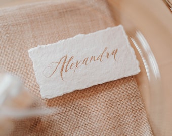 Handmade Thick Cotton Paper Place Cards / Gold Calligraphy / On the Day Wedding Stationery / Table Setting Escort Cards