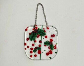 Mistletoe Holly Christmas Holiday Tree Ornament Fused Glass