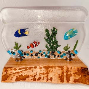 Fused Glass Fish Bowl Tabletop Decor with Custom Wood Base