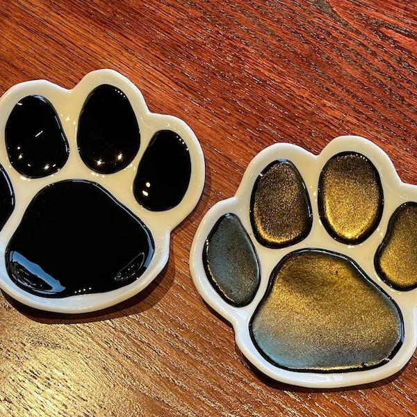 Dog Paw Print Fused Glass Bowl Spoon Key Jewelry Holder Bowl Plate Black or Gold
