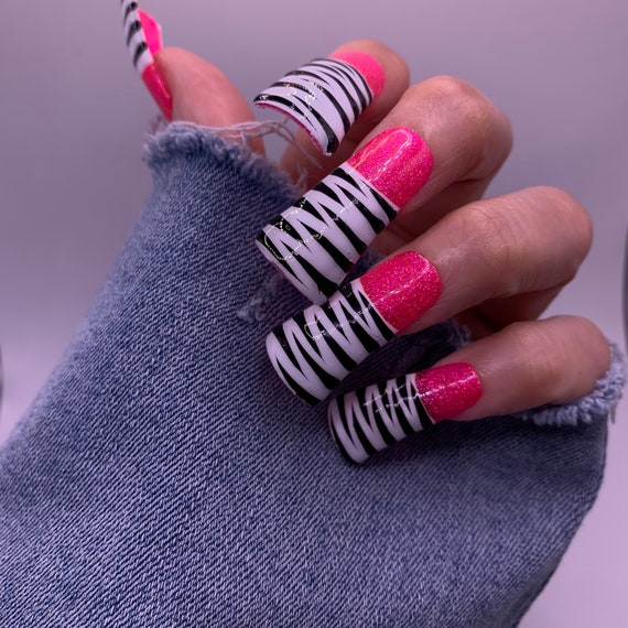 Pink Glitter Zebra Print Y2k Press on Nails - Etsy