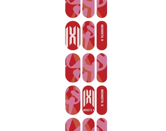 May include: A set of nail art stickers featuring a repeating pattern of red, pink, and orange abstract shapes. The design includes the text "MONSTA X" in white on a red background.