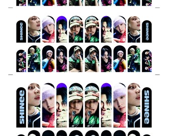 May include: Set of 24 nail decals featuring a K-pop boy band, SHINee, in various poses. The decals are printed on a clear background and are ready to be applied to your nails.