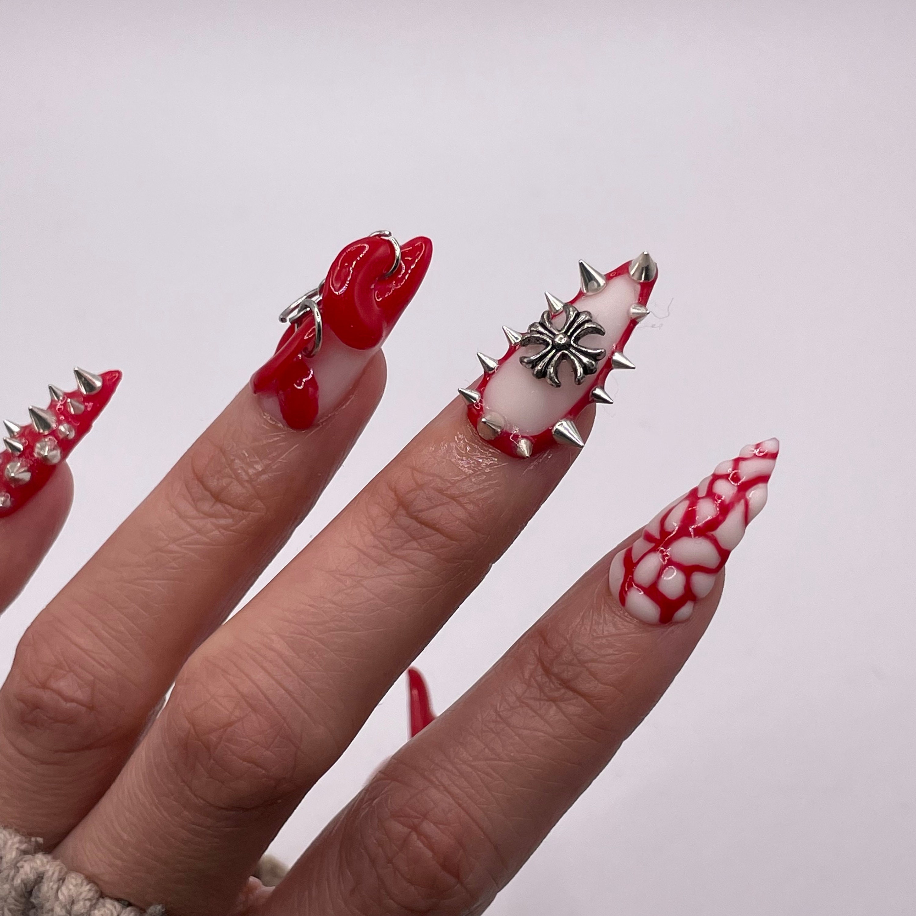 Glamorous Red 3D Crystal Festoon Nails