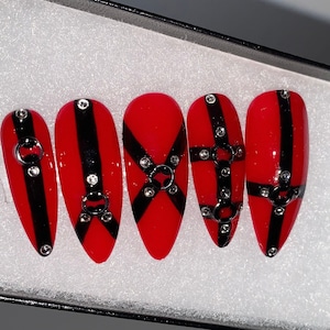 Red harness inspired gel press on nail set