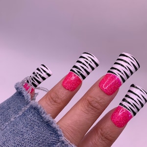 Pink glitter zebra print y2k press on nails