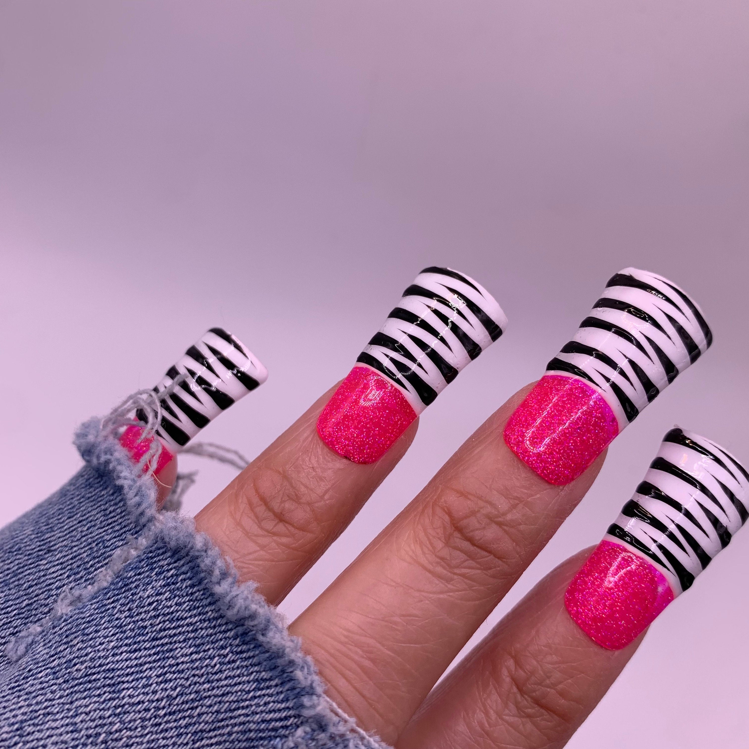 Pink Glitter Zebra Print Y2k Press on Nails - Etsy
