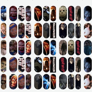 May include: Nail art stickers with horror movie themes. Designs include characters from "Child's Play", "The Exorcist", and "Friday the 13th". The word "Halloween" is also featured. The stickers are in an oval shape.