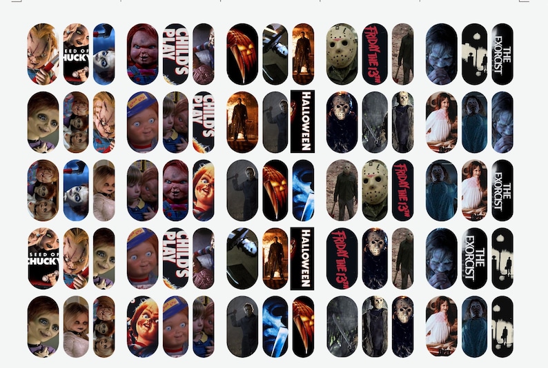 May include: Nail art stickers with horror movie themes. Designs include characters from "Child's Play", "The Exorcist", and "Friday the 13th". The word "Halloween" is also featured. The stickers are in an oval shape.