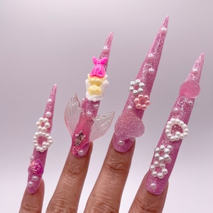 Pink glitter Kawaii Stiletto Extendo press on nail set