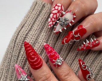 Red abstract 3D junk  press on nail set