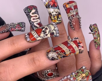 Y2K skull press on nails