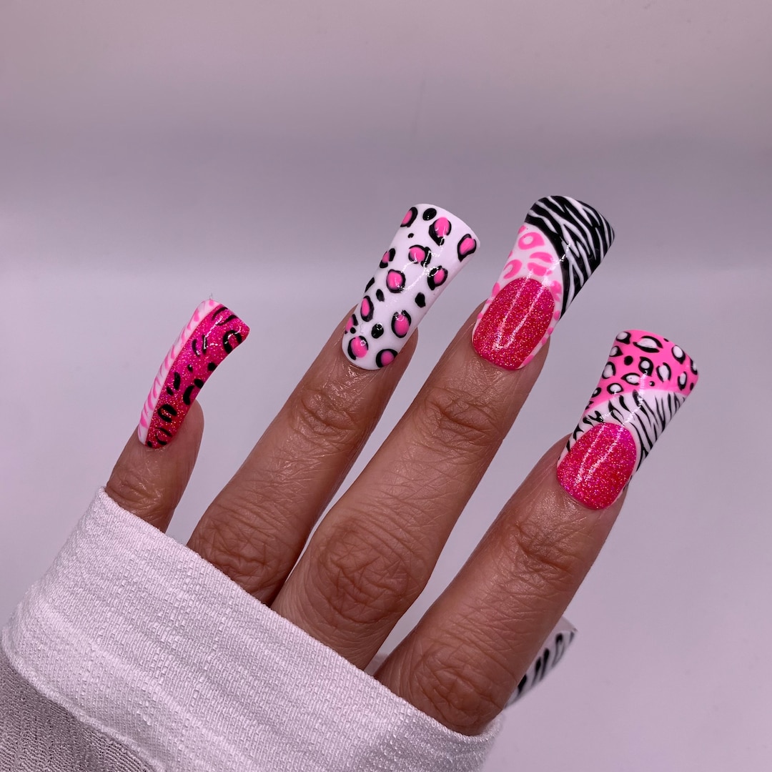 Y2K Pink Zebra/leopard Gyaru Press on Nails - Etsy