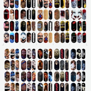 May include: Nail art decals showcasing horror movie characters and titles. Designs include characters from "The Shining," "Scream," "Child's Play," "Halloween," and "Friday the 13th." The oval-shaped decals feature various colours and character portraits.