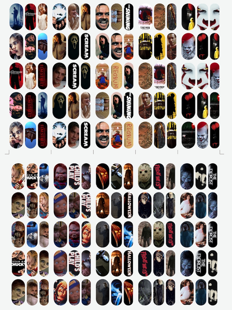 May include: Nail art decals showcasing horror movie characters and titles. Designs include characters from "The Shining," "Scream," "Child's Play," "Halloween," and "Friday the 13th." The oval-shaped decals feature various colours and character portraits.