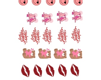 May include: A set of Valentine's Day themed digital stickers featuring pink envelopes with hearts, pink birds, teddy bears holding hearts, and red and pink lips.